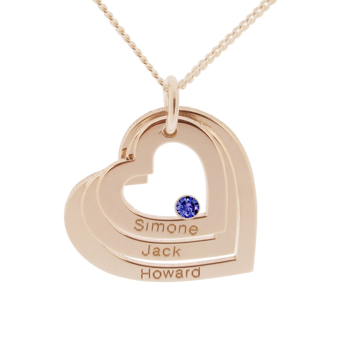 9ct Solid Rose Gold Engraved Triple Heart Pendant With Sapphire & Optional Chain