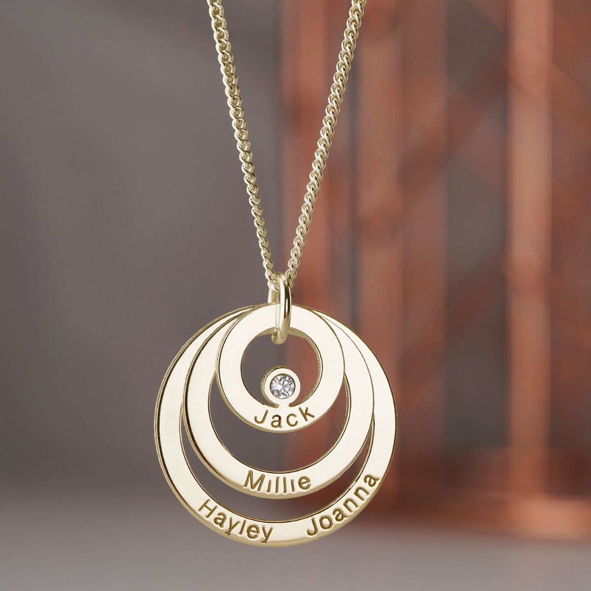 9ct Solid Yellow Gold Engraved Triple Disc Personalised Family Necklace With Diamond & Optional Chain