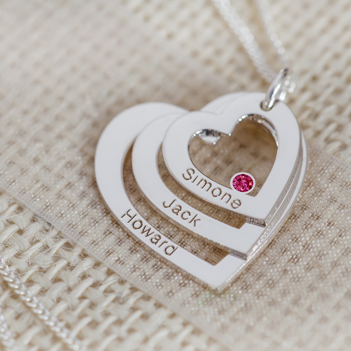 Sterling Silver Engraved Triple Heart Pendant With Ruby